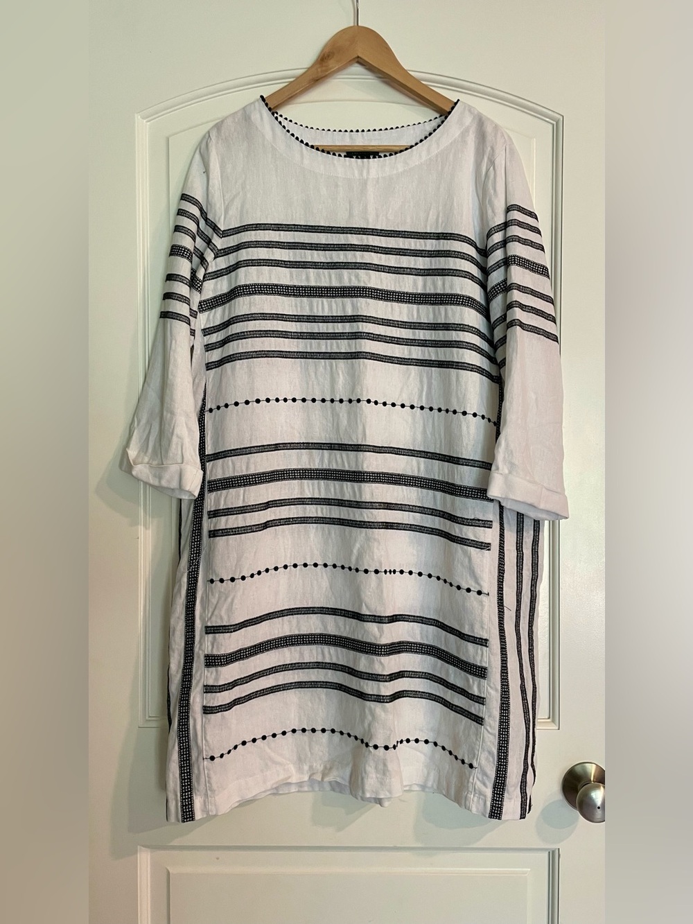 For Cynthia White Tunic Midi Linen Blend Dress with Black Stripes Size L